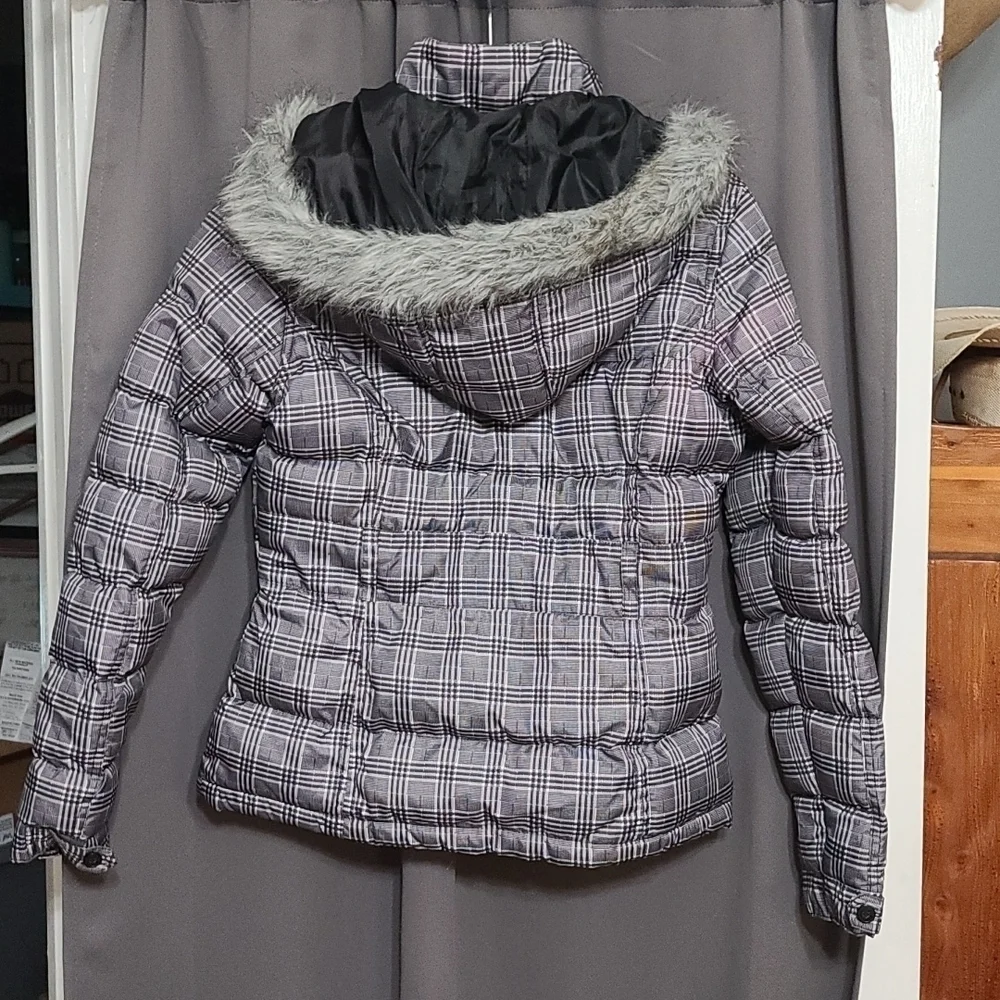 US Polo Assn. Girl's Puffy Jacket Coat Black White Plaid Removable Hood Sz M EUC
